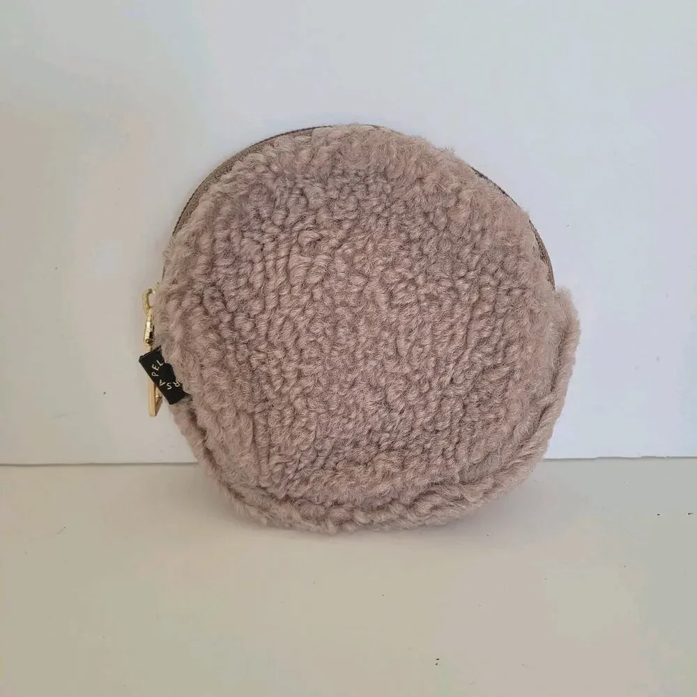 Pelle Borsa Coin Card Holder Wallet Medium Round Zip Quality‎ Teddy Faux Fur